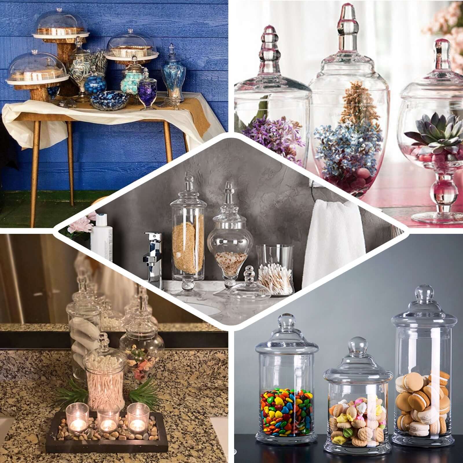 Set of 3 Glass Candy Jars Modern Apothecary Design Clear with Snap-On Lids - Stylish Party Favor Containers 9"/13"/14"