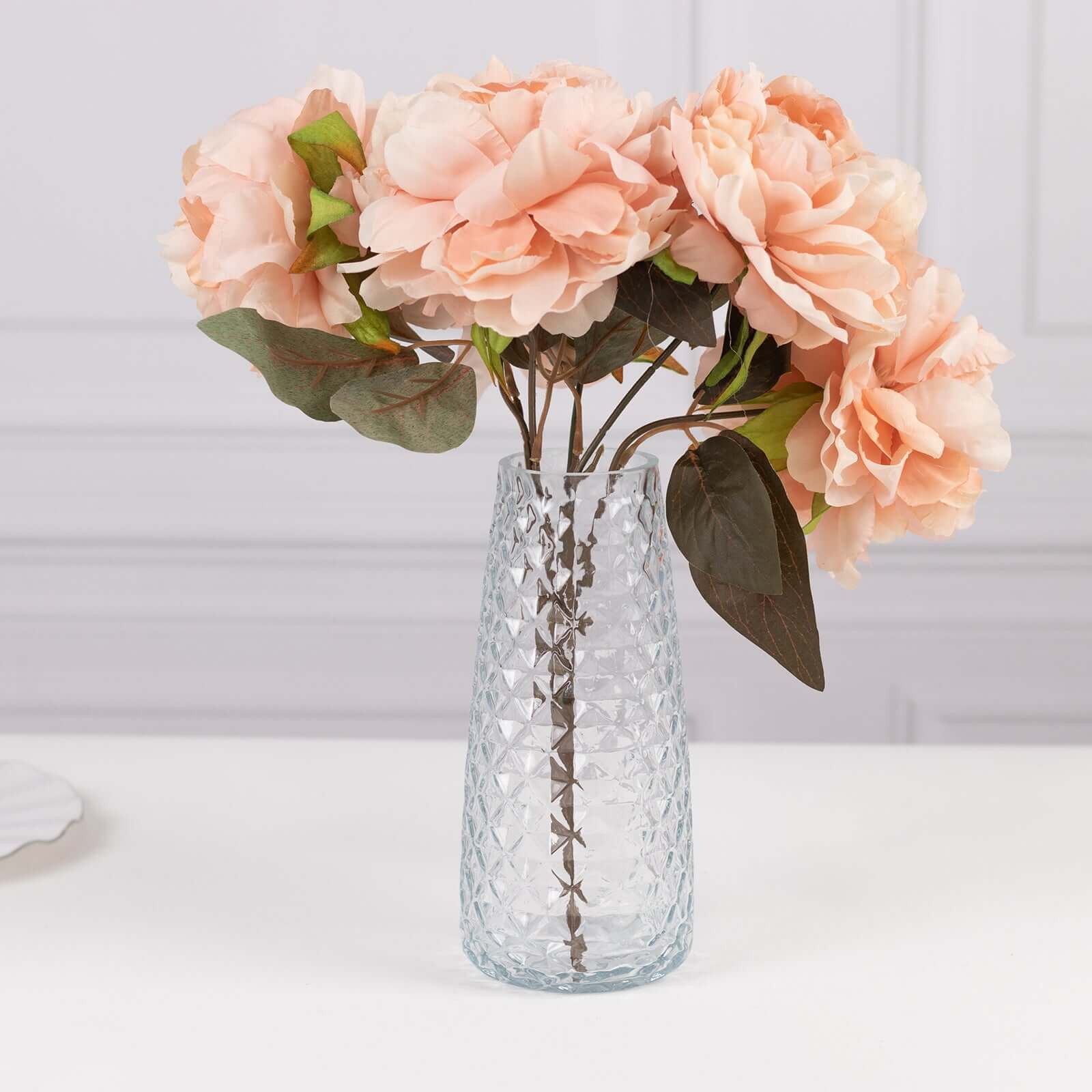6-Pack Glass Urn Vases Clear with Diamond Crystal Cut Pattern - Stylish Decorative Design for Event Decor 8.5"