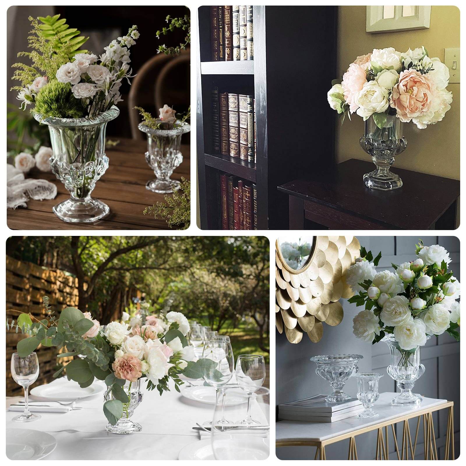 2-Pack Glass Mini Pedestal Flower Vases in Classic Roman Urn Style Clear - Sophisticated Wedding Table Centerpieces 8"