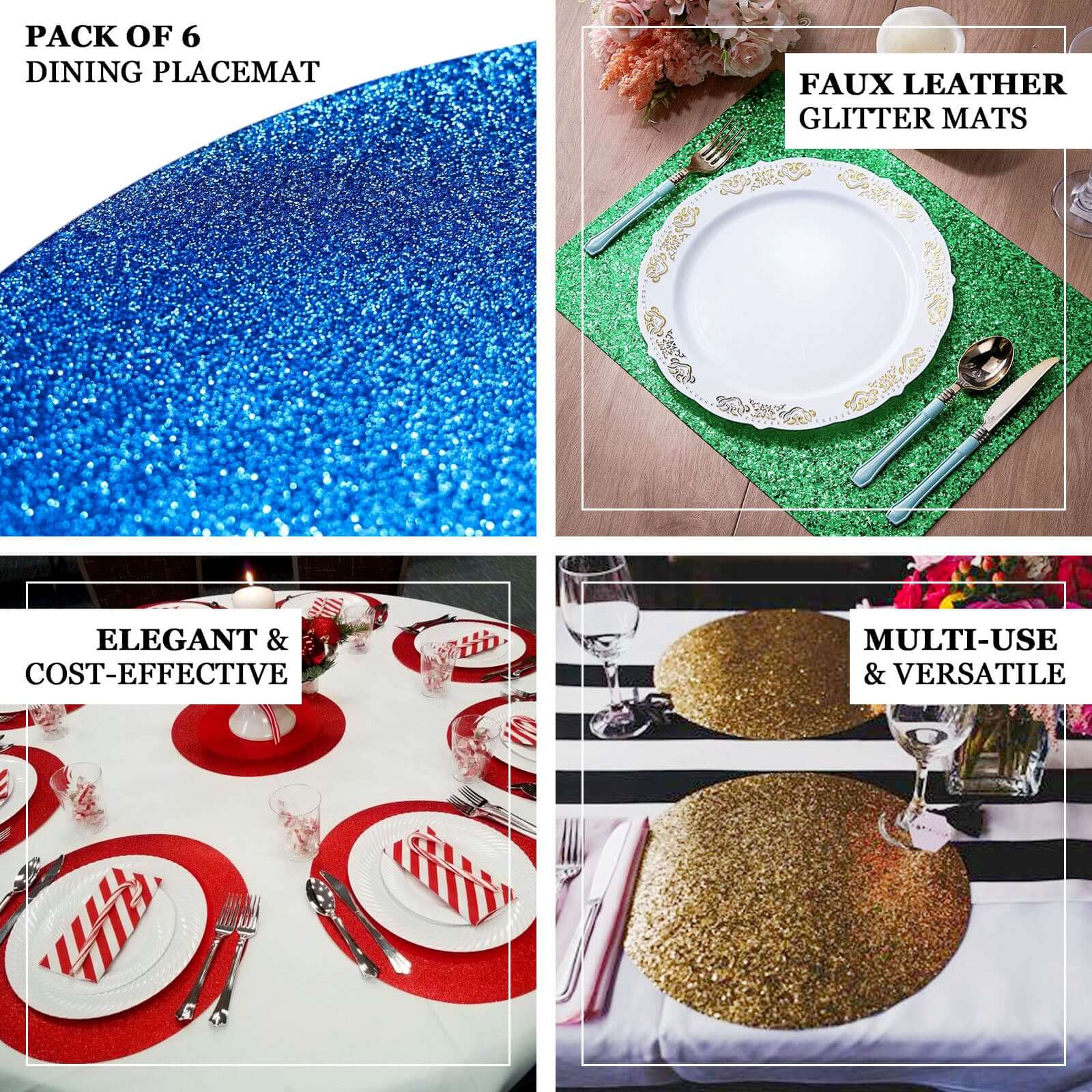 6-Pack Placemats Glitter Design Silver Sparkle Round - Non-Slip Decorative Dining Table Mats 13"