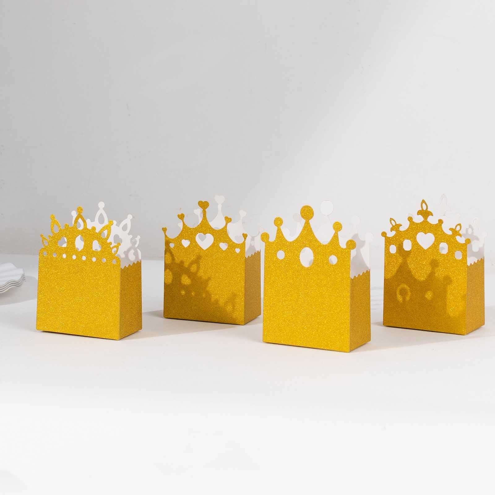 20-Pack Cardstock Favor Boxes Gold Glitter Princess Crown Design - Regal Fantasy Fairytale InspiredTreat Bags for Wedding Birthday Baby Shower Decorations 3.5"x 2"x 5"