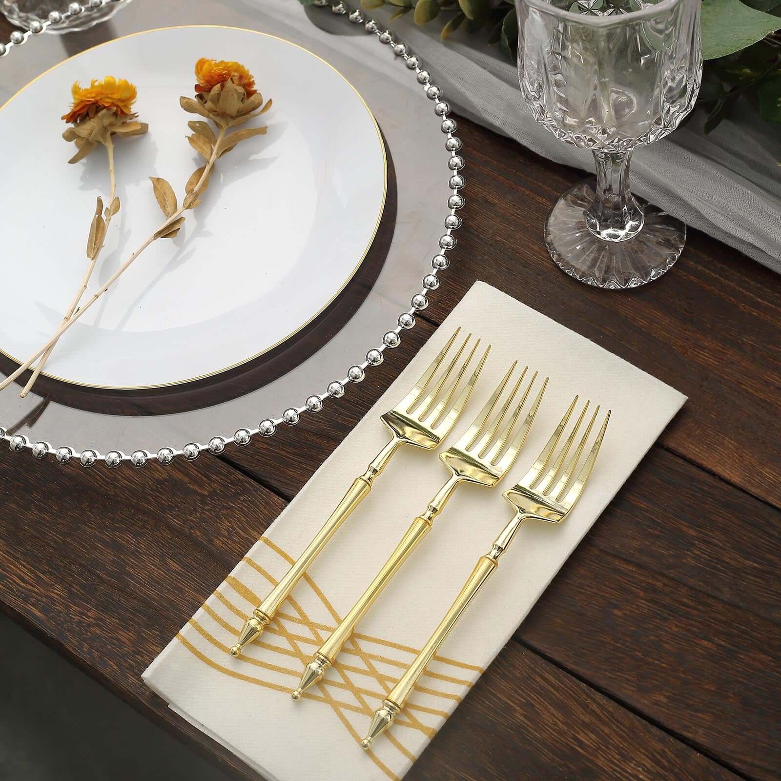 24-Pack Plastic Dessert Forks with Roman Column Handle Gold - European Style Disposable Utensils 6"