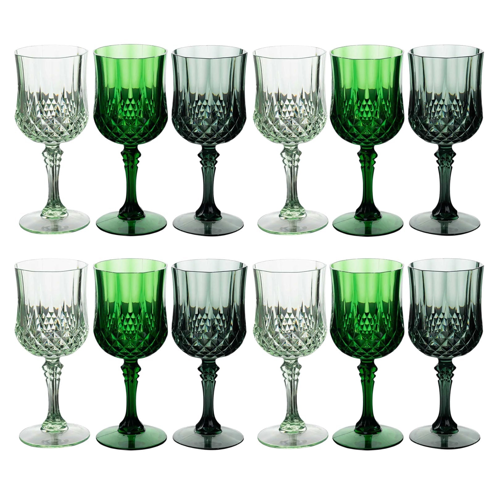 12-Pack Plastic Cocktail Goblets Assorted Green Transparent Crystal Cut - Shatterproof Drinkware 8oz