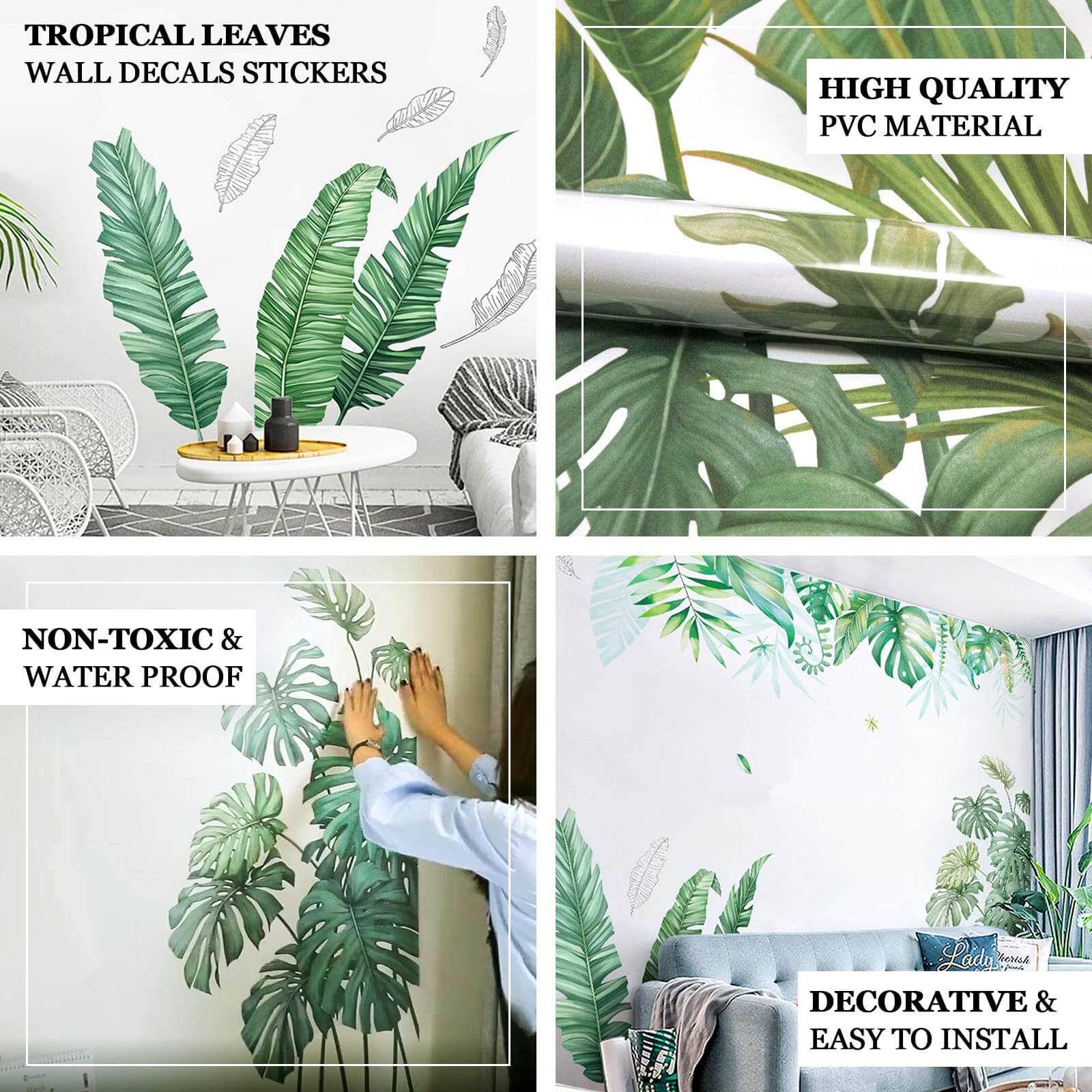 Green Tropical Assorted Leaves Wall Decals, Plant Peel Removable Stickers