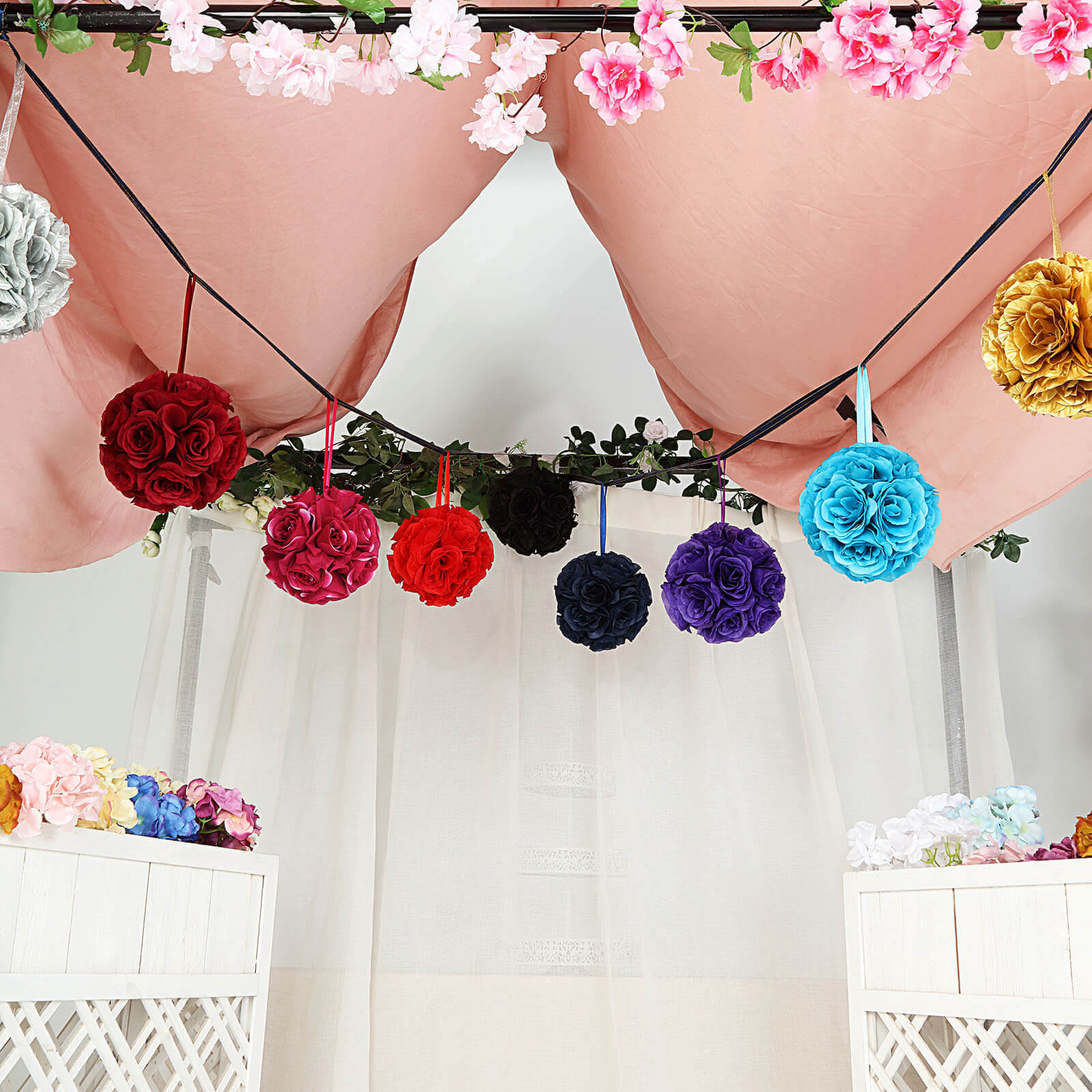 2 Pack 7" Fuchsia Artificial Silk Rose Kissing Ball, Flower Ball