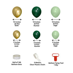 120 Pack Assorted Gold Green Latex Balloon Arch Kit, DIY Party Balloon Garland Decorations - Gold Hunter Emerald Green Sage Green