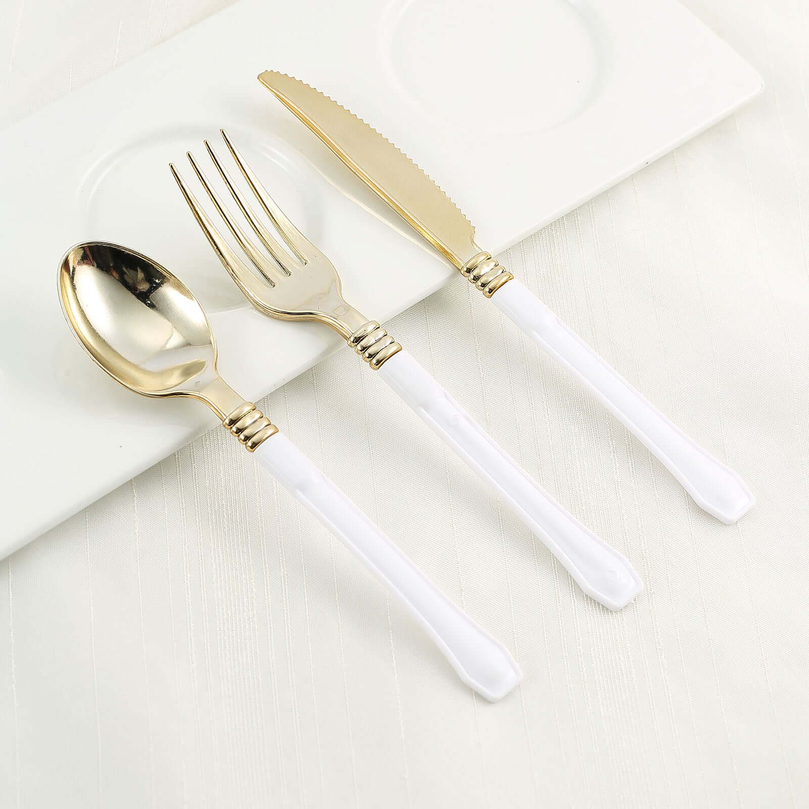 24-Pack Plastic Forks Gold with White Handles - Durable Food Safe Disposable Silverware for Lunch Buffets & Catering Services 7"