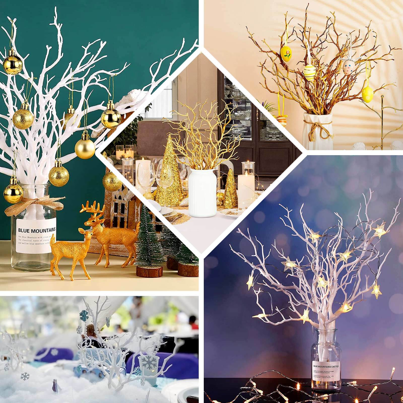 10-Pack Artificial Manzanita Tree Branch Metallic Gold for Vase Filler Home Wedding Centerpiece Ornament 14"