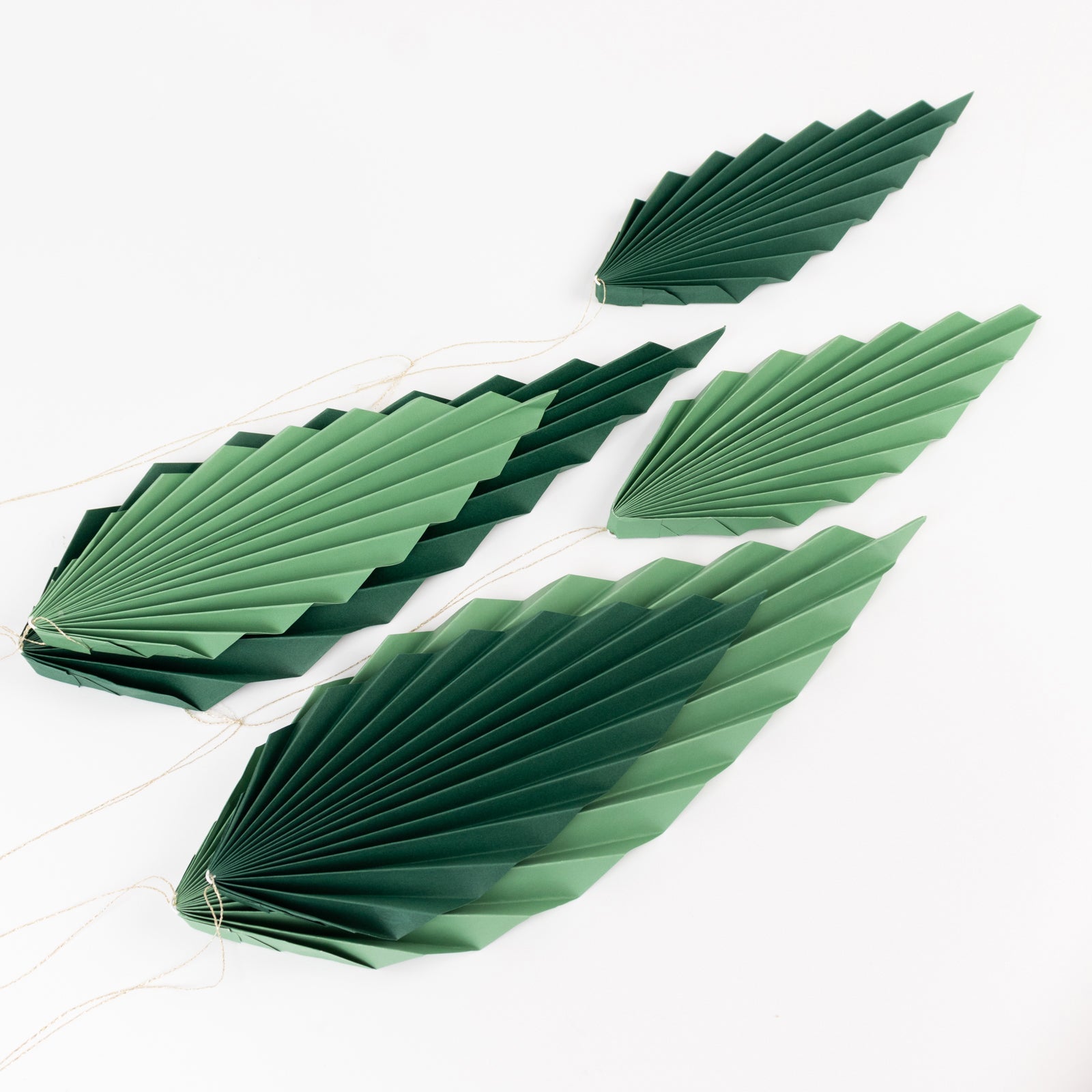 Set of 6 Mixed Green Leaves Hanging Paper Fans Backdrop Decor, Pre-Strung Foldable Tropical Palm Leaves Jungle Theme Party Supplies - 11",15"