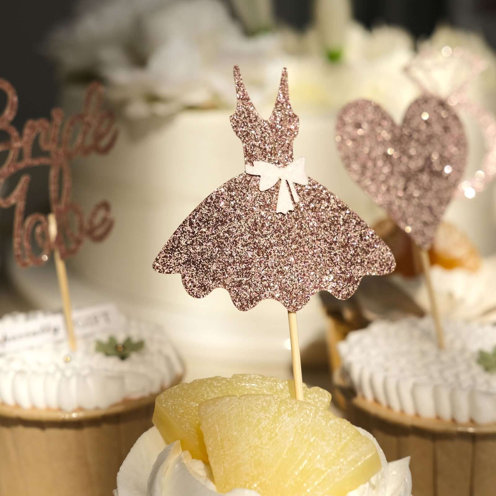 24-Pack Cupcake Topper Picks Bridal Shower Design Rose Gold Glitter - Wedding Cake Decoration Supplies Assorted Styles