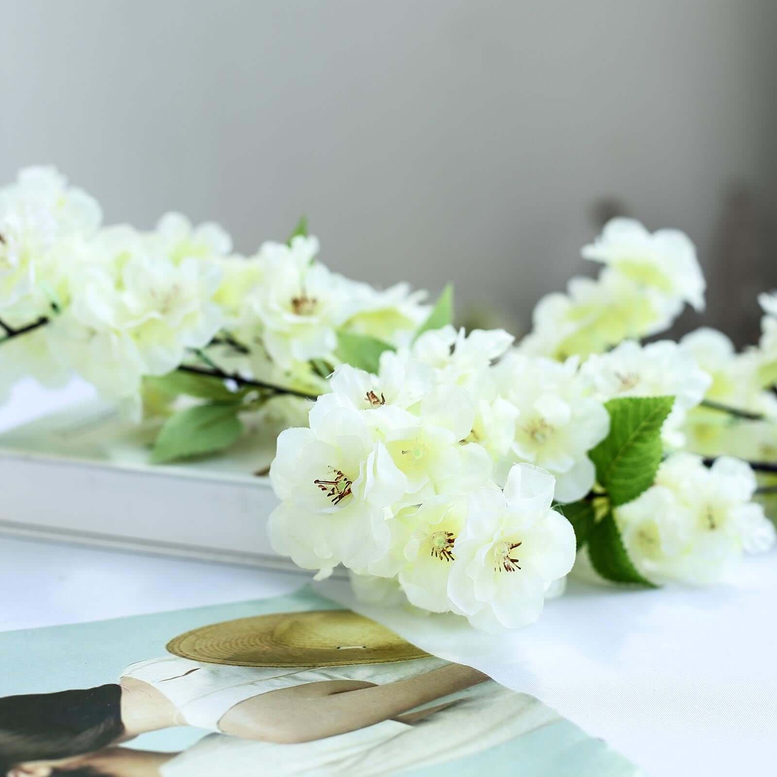 4 Bushes 40" Tall Cream Artificial Silk Cherry Blossom Flowers, Branches