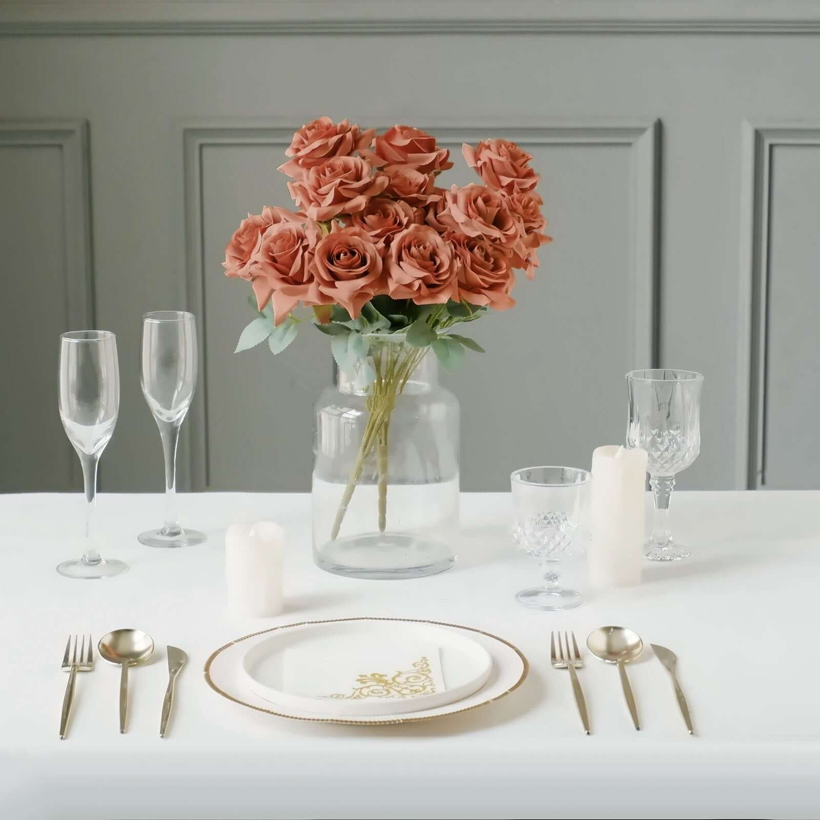 2 Bouquets 17" Terracotta (Rust) Real Touch Artificial Silk Rose Flower Bushes