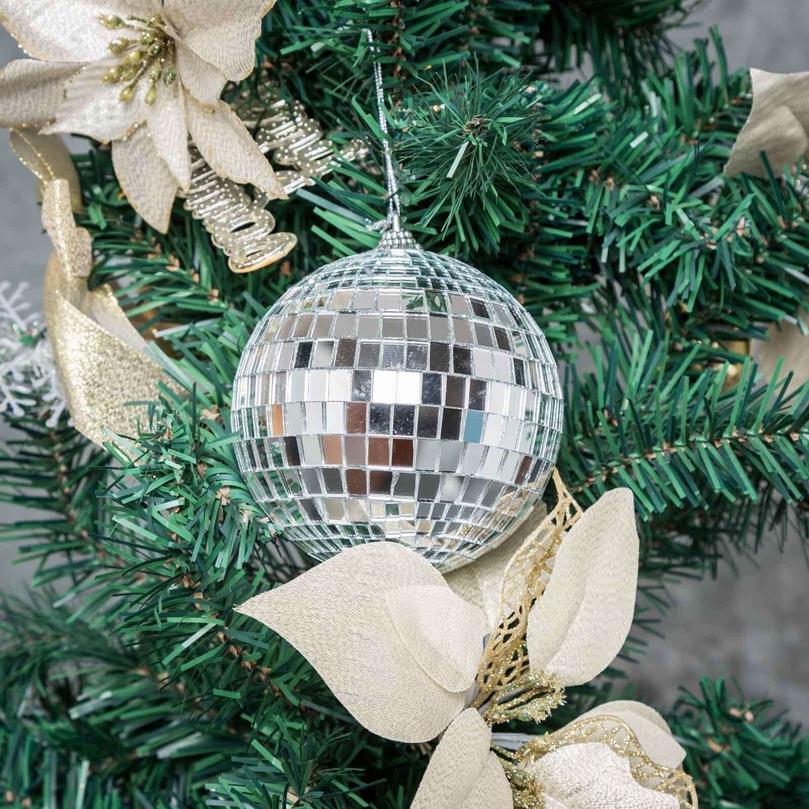 4 Pack 4" Silver Foam Disco Mirror Ball With Hanging Strings, Holiday Christmas Ornaments