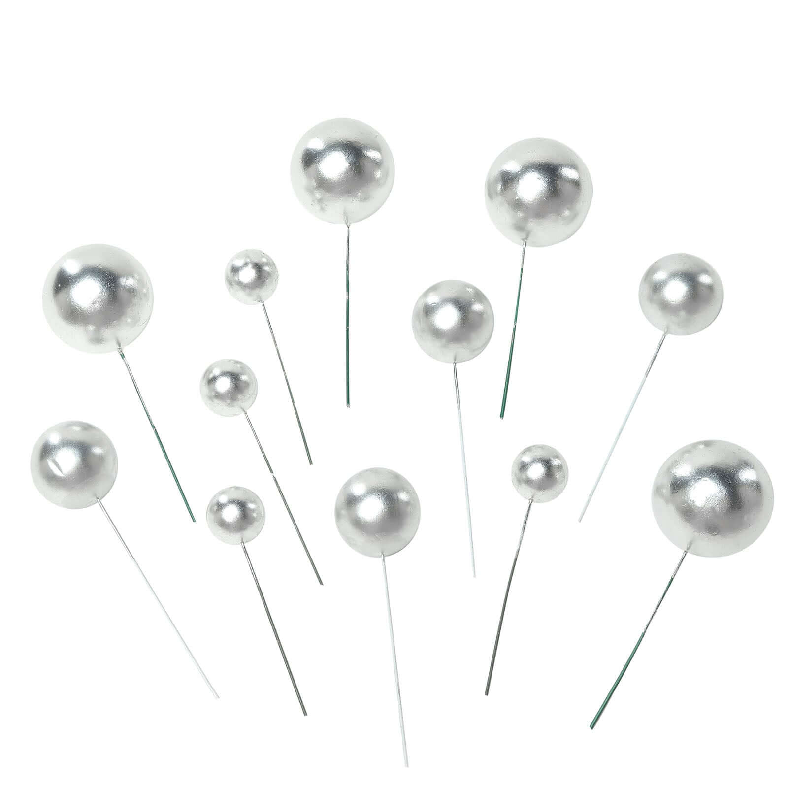 12 Pcs Cake Topper Picks Faux Pearl Ball Design Silver - Foam Balloon DIY Cupcake Decor Supplies Assorted Sizes