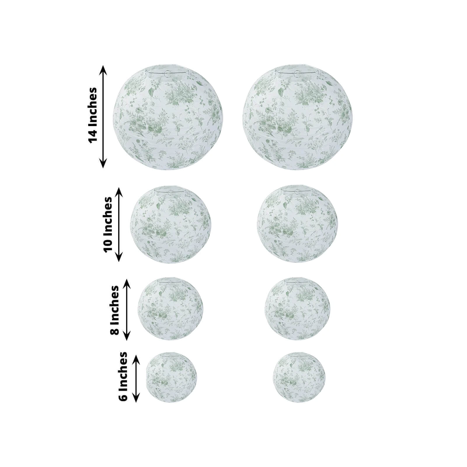 Set of 8 White Sage Green Hanging Chinese Lanterns in French Toile Floral Pattern, Festival Paper Lanterns - 6",8",10",14"