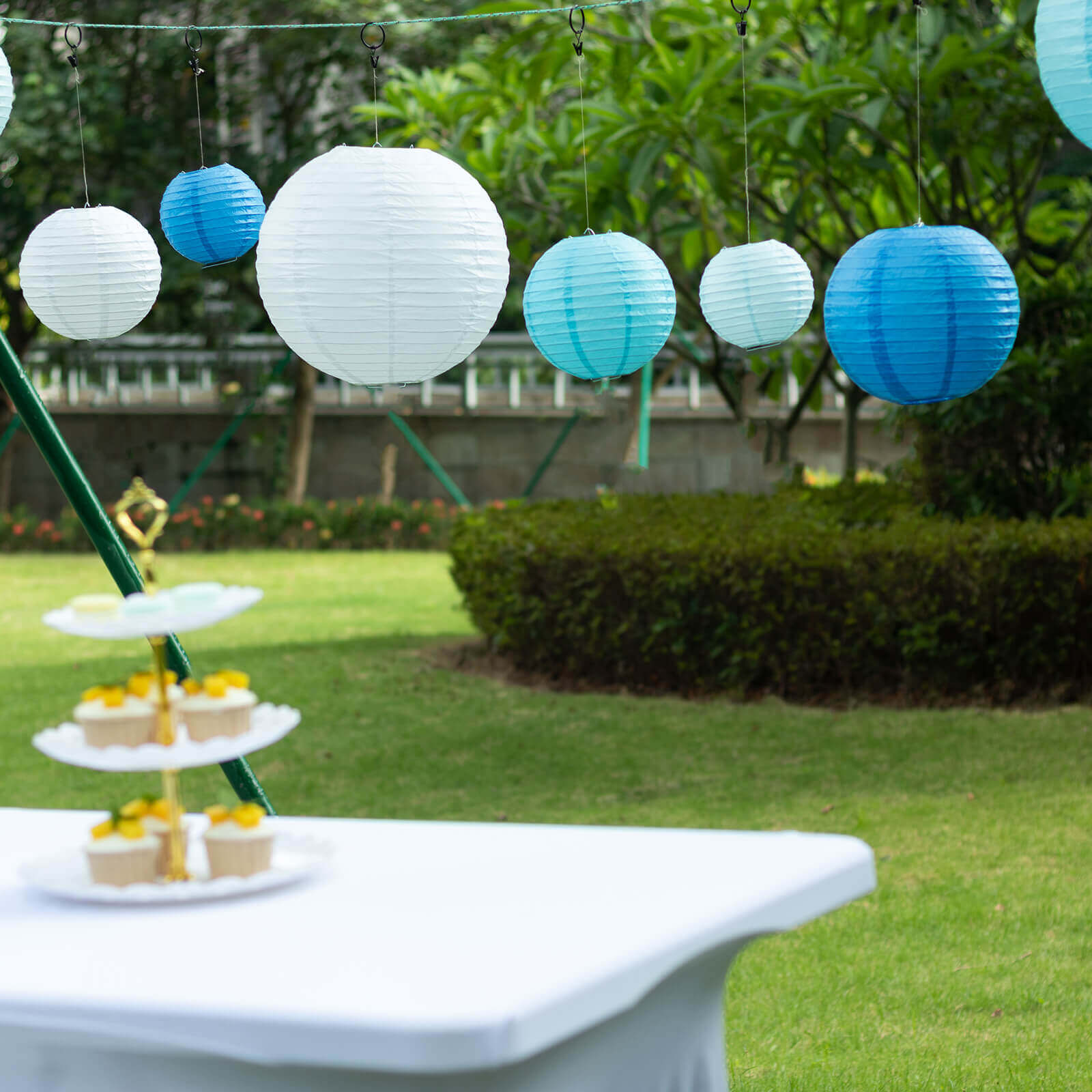 Set of 8 Mixed Blue White Hanging Paper Lanterns, Decorative Round Chinese Sky Lanterns, Assorted Sizes - 6",8",10",14"