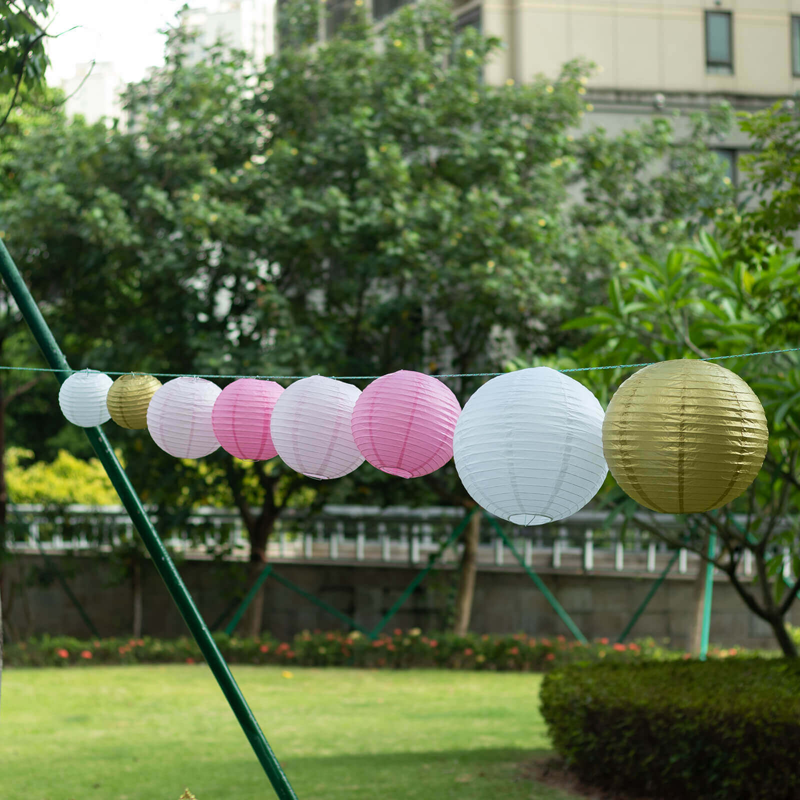 Set of 8 Mixed Blush Gold Hanging Paper Lanterns, Decorative Round Chinese Sky Lanterns, Assorted Sizes - 6",8",10",14"