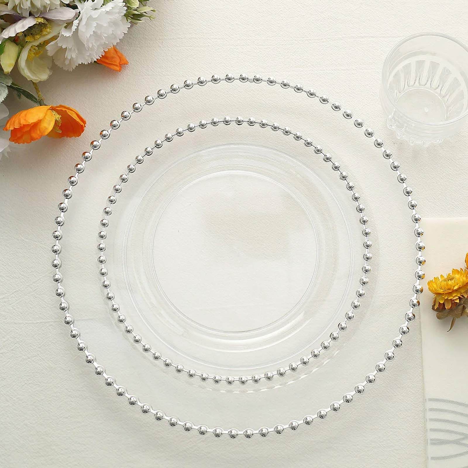 10-Pack Clear Plastic Dessert Plates – 8" Round with Silver Beaded Rim, Disposable for Parties & Events