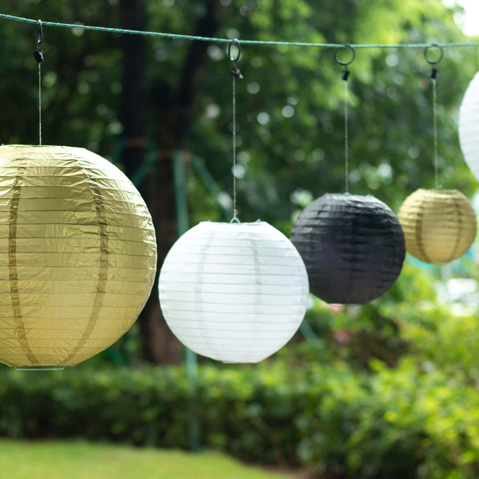 Set of 8 Mixed Black Gold Hanging Paper Lanterns, Decorative Round Chinese Sky Lanterns, Assorted Sizes - 6",8",10",14"