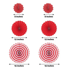 Set of 6 Red Hanging Paper Fan Decorations, Pinwheel Wall Backdrop Party Kit - 8", 12", 16"