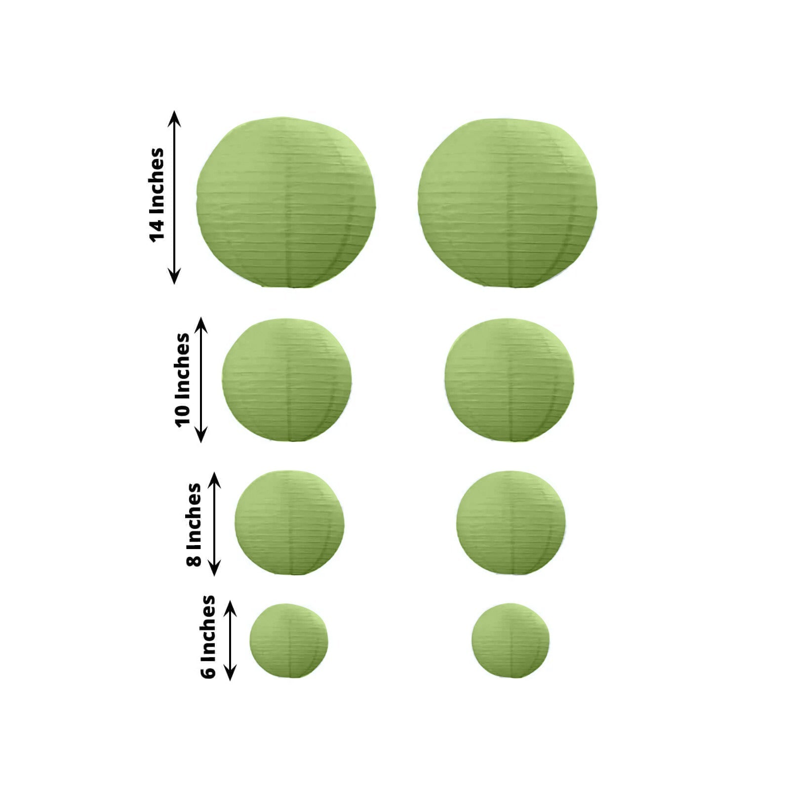 Set of 8 Sage Green Hanging Paper Lanterns, Decorative Round Chinese Sky Lanterns, Assorted Sizes  - 6",8",10",14"