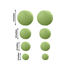 Set of 8 Sage Green Hanging Paper Lanterns, Decorative Round Chinese Sky Lanterns, Assorted Sizes  - 6",8",10",14"