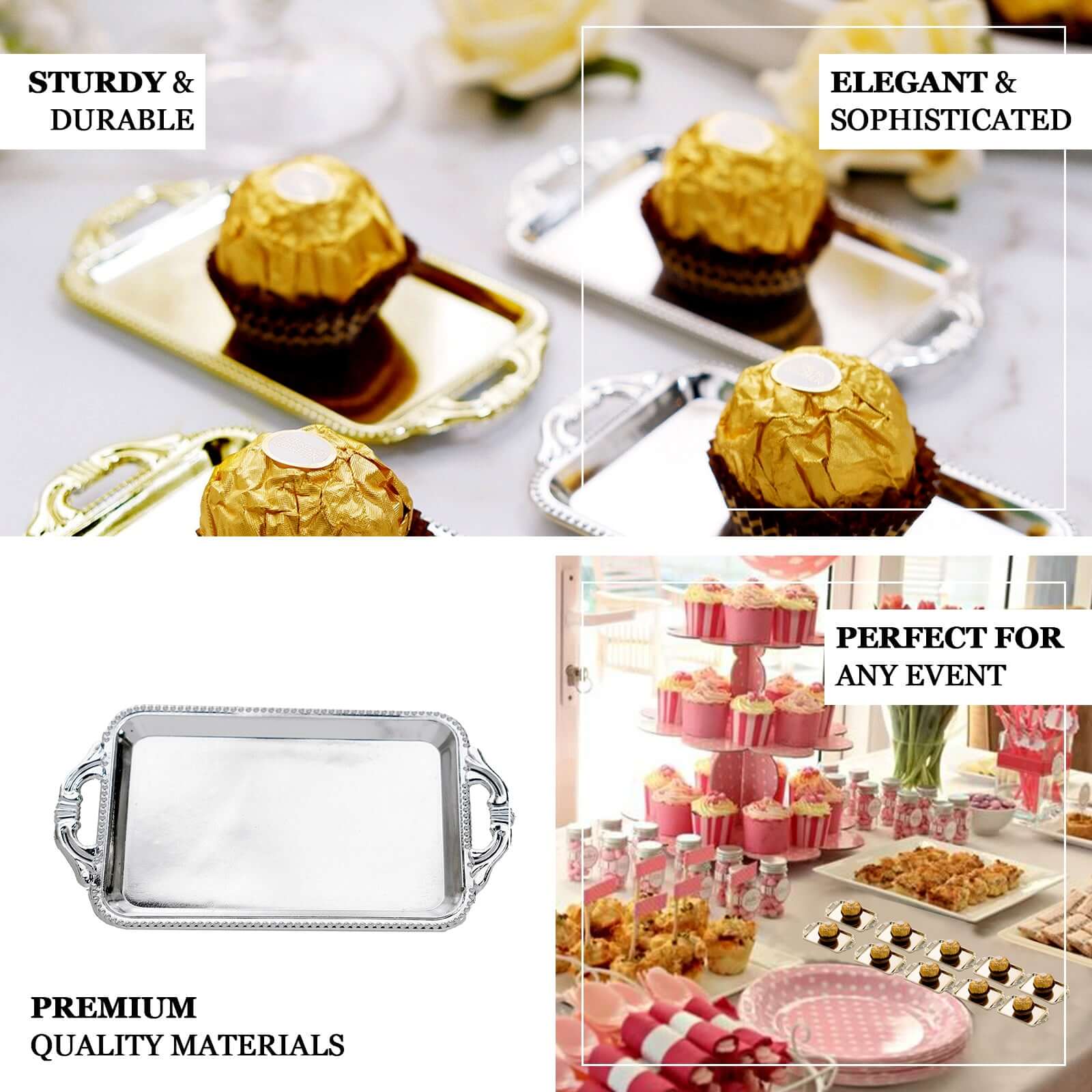 12-Pack Display Trays Party Favor Rectangular Design Gold - Mini Serving Platters for Candy and Desserts 4"