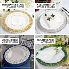 2-Pack Mirror Glass Round Charger Plates 13" with Silver Mirror Diamond Beaded Rim, Upscale Decorative Chargers