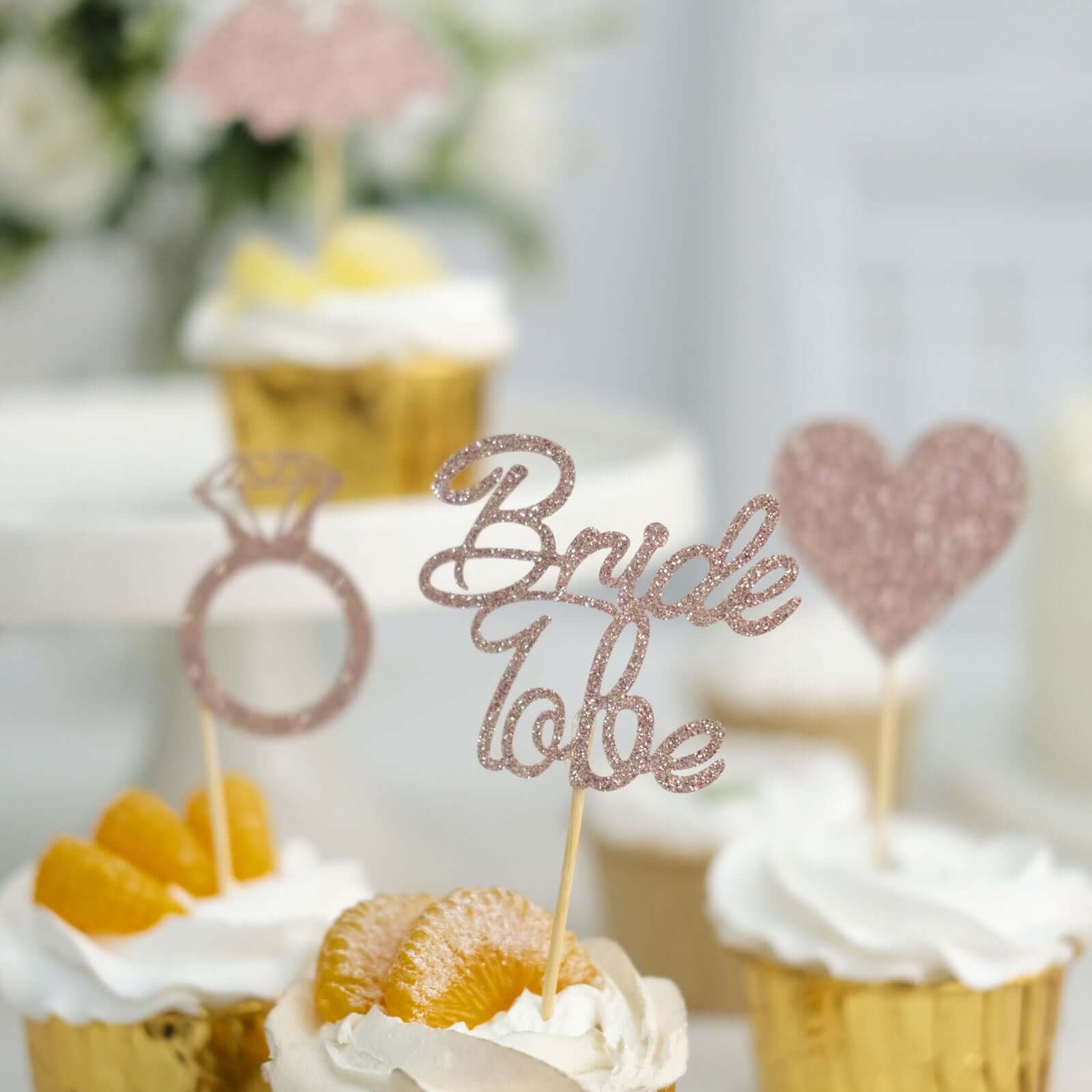 24-Pack Cupcake Topper Picks Bridal Shower Design Rose Gold Glitter - Wedding Cake Decoration Supplies Assorted Styles