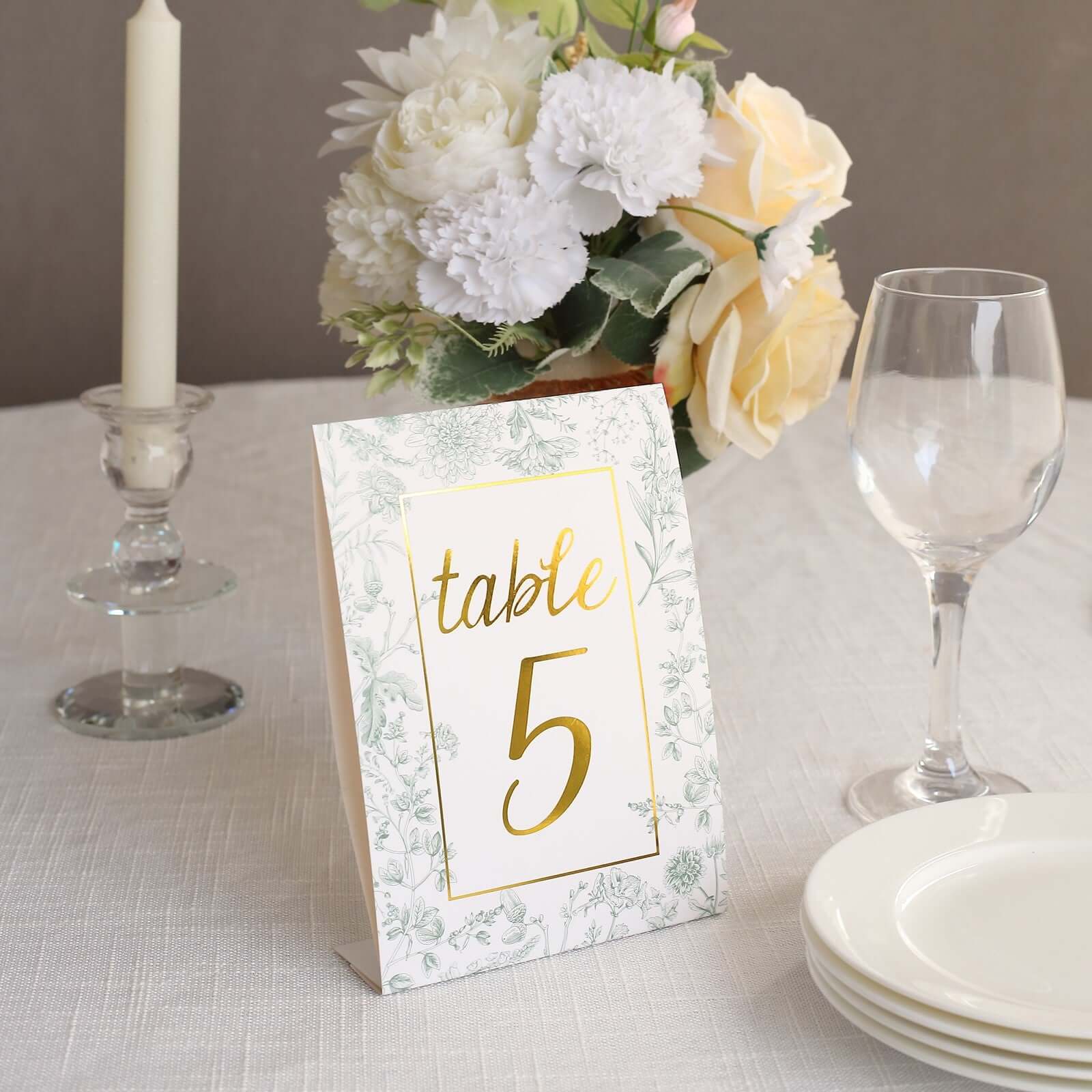 25-Pack Paper Wedding Table Numbers 1-25 White/Sage Green French Toile Design - Free Standing Double Sided Table Signs with Glam Gold Foil Numbers 7"