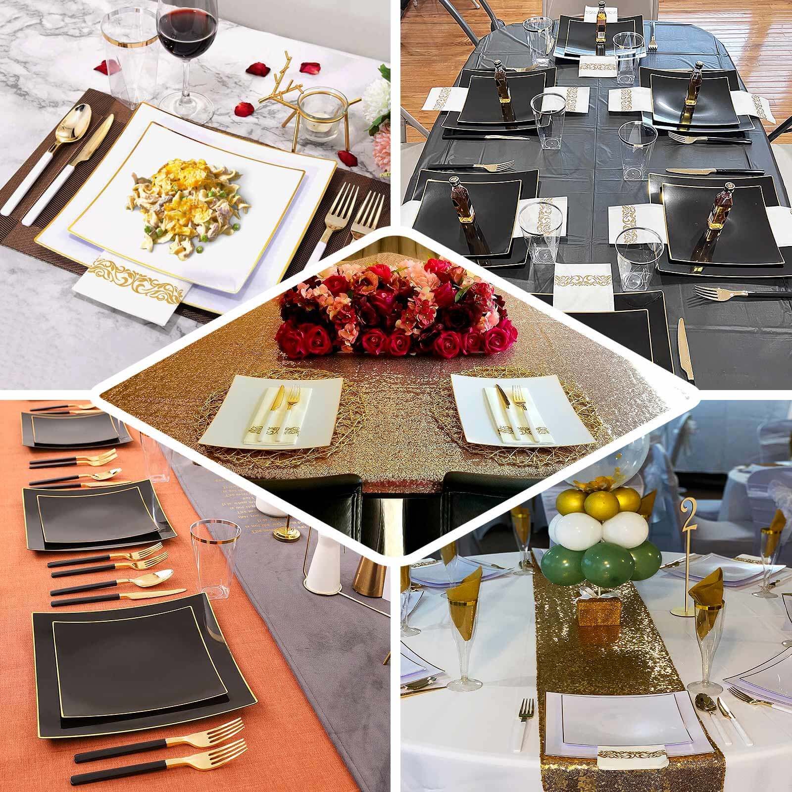 10-Pack Plastic 10" Square Dinner Plates in Clear Concave Style with Gold Rim - Modern Disposable Party Plates