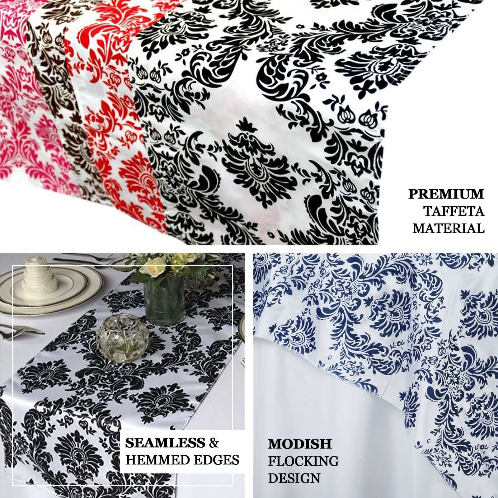 Taffeta Flocking 12"x108" Table Runner Royal Blue Damask - Stylish Table Accent