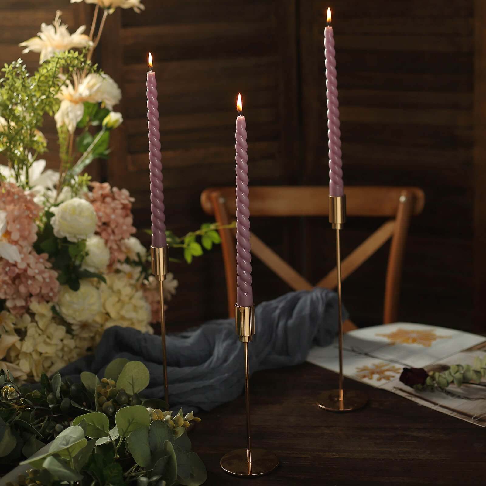 12-Pack Taper Candles Spiral Long Burn Wick Design Violet Amethyst - Premium Unscented Wax Dinner Candle Sticks 11"