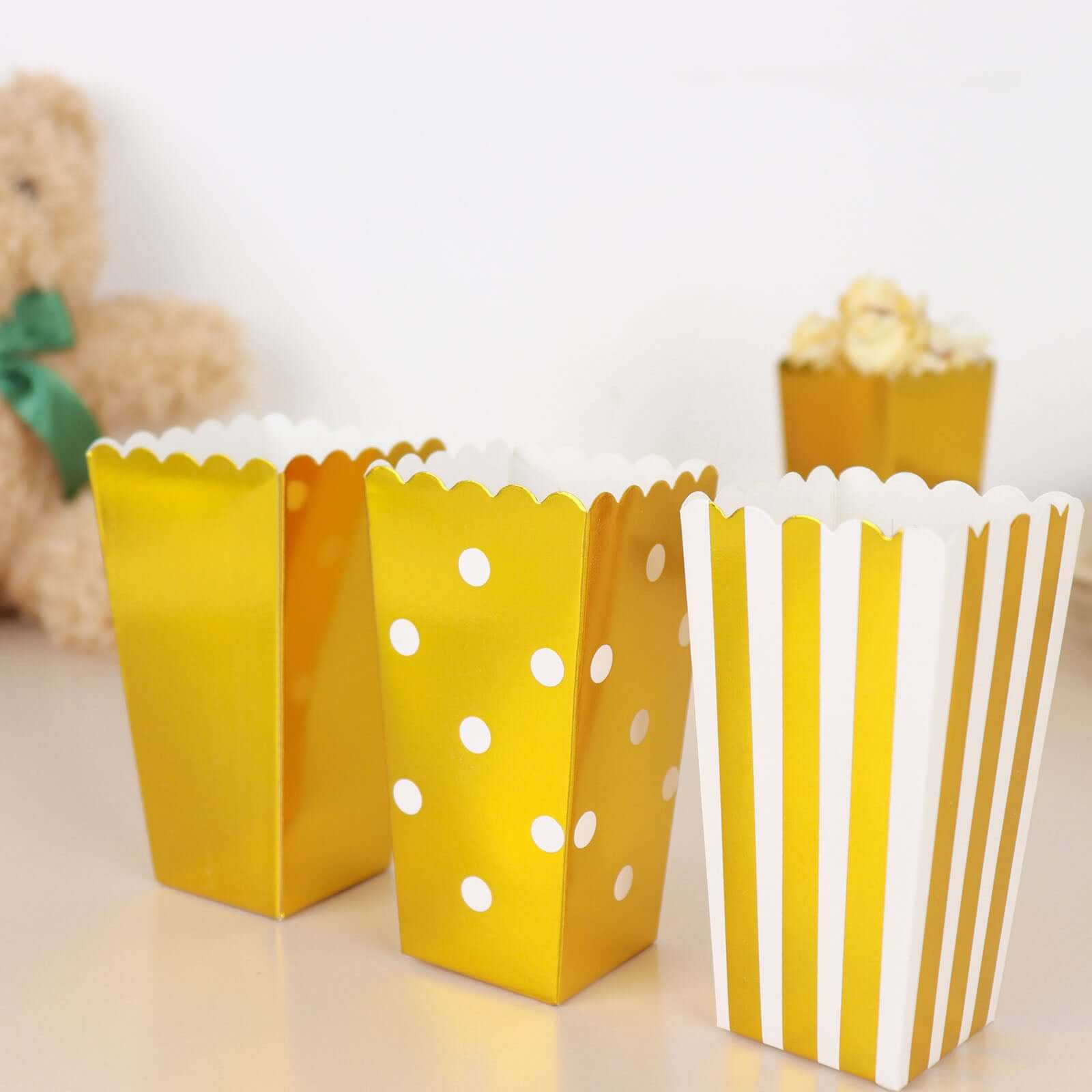 36 Pack 5" White Gold Design Mini Paper Popcorn Boxes, Candy Favor Disposable Bags - Stripe, Polka Dot, Solid Style