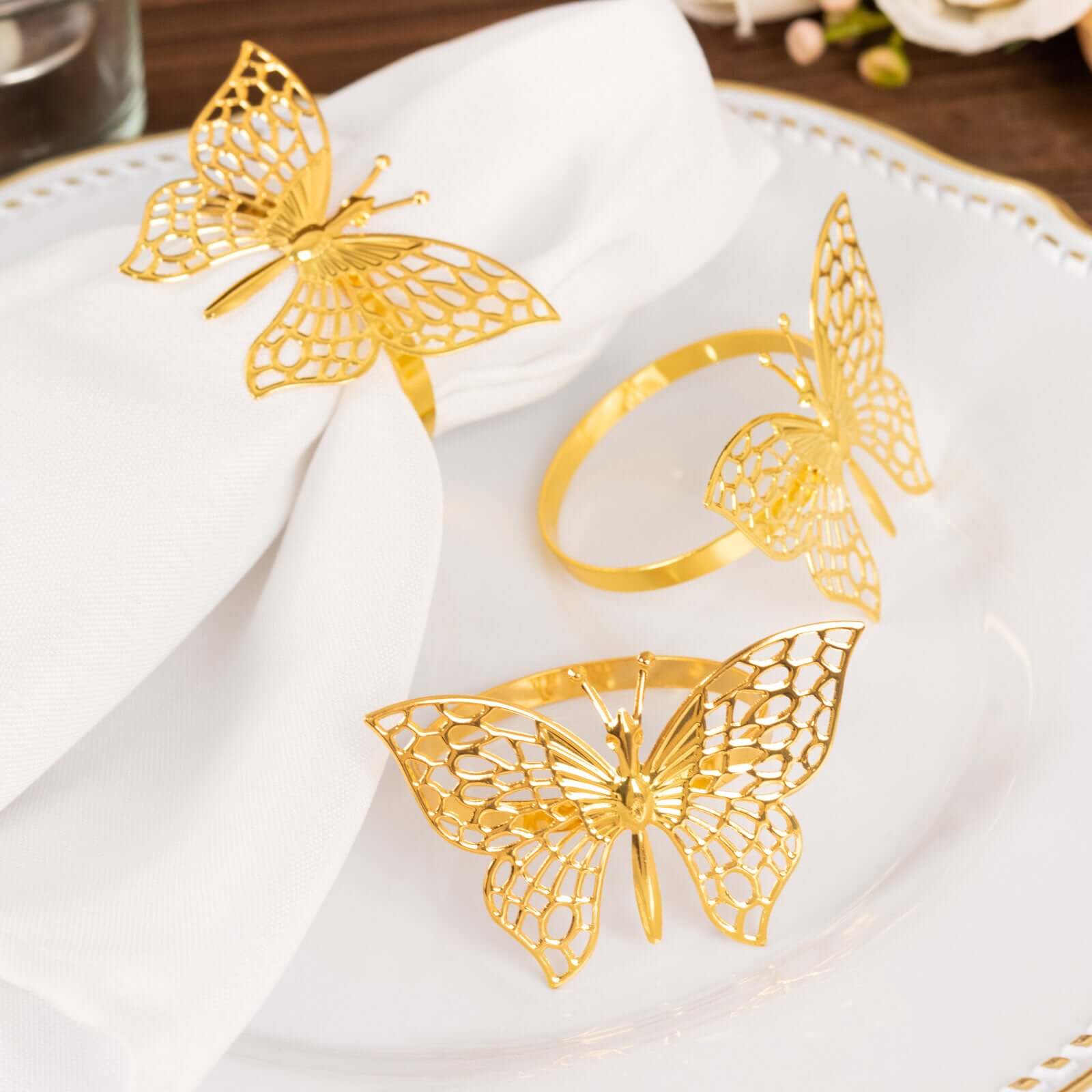 4 Pack Gold Metal Butterfly Napkin Rings, Decorative Laser Cut Cloth Napkin Holders