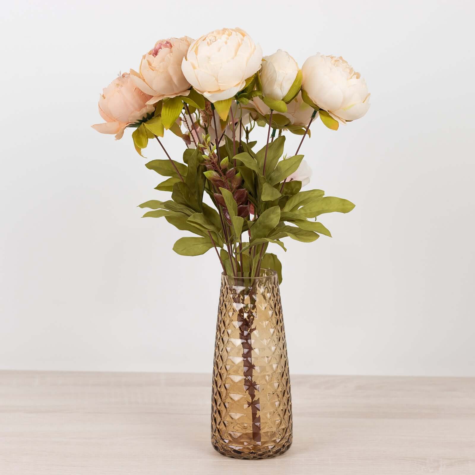 6-Pack Glass Urn Vases Amber Gold with Diamond Crystal Cut Pattern - Stylish Decorative Design for Event Decor 8.5"