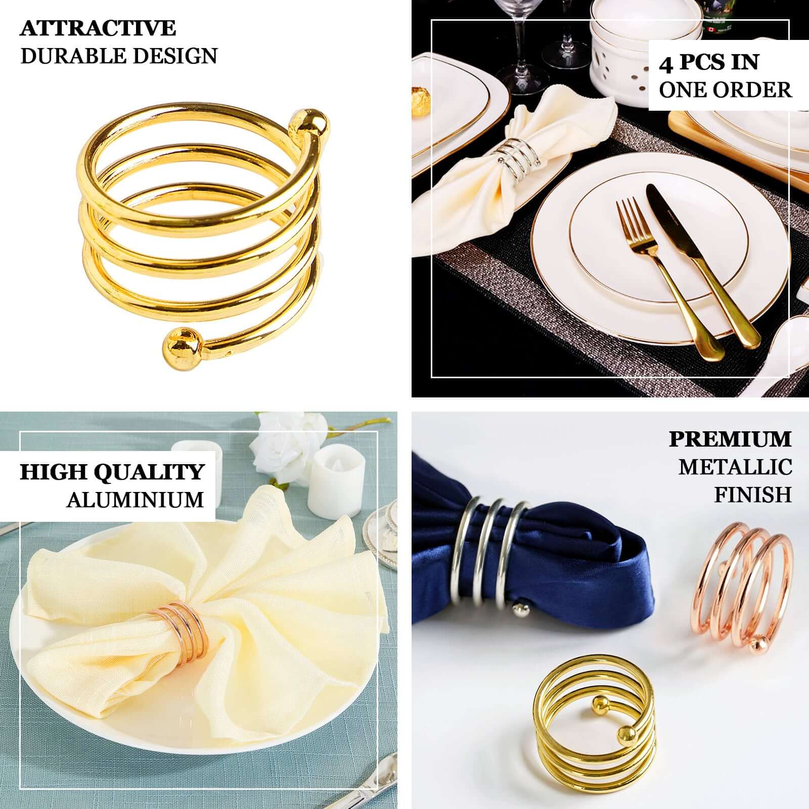 4 Pack Gold Plated Spiral Aluminum Napkin Rings