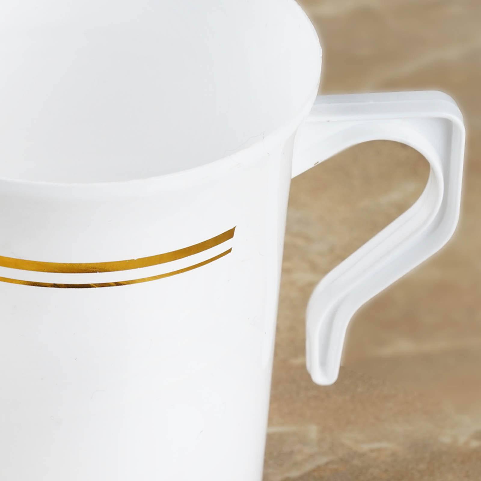 8-Pack Plastic Coffee Mugs White with Gold Stripes - Sturdy Disposable Cups for Coffee and Tea 8oz 4"