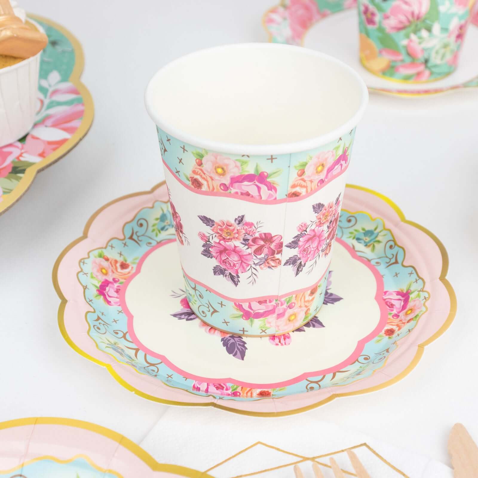 24-Pack Paper Cup and Saucer Set in Mixed Vintage Floral Print - Disposable Tea Party Supplies Kit for Baby Showers & Birthdays