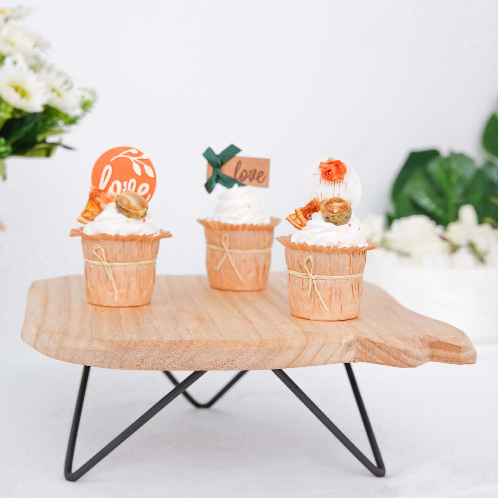 Wooden Cake Cupcake Stand Natural Wood Slice Design - Cheese Board Serving Tray with Hairpin Legs 12" Square