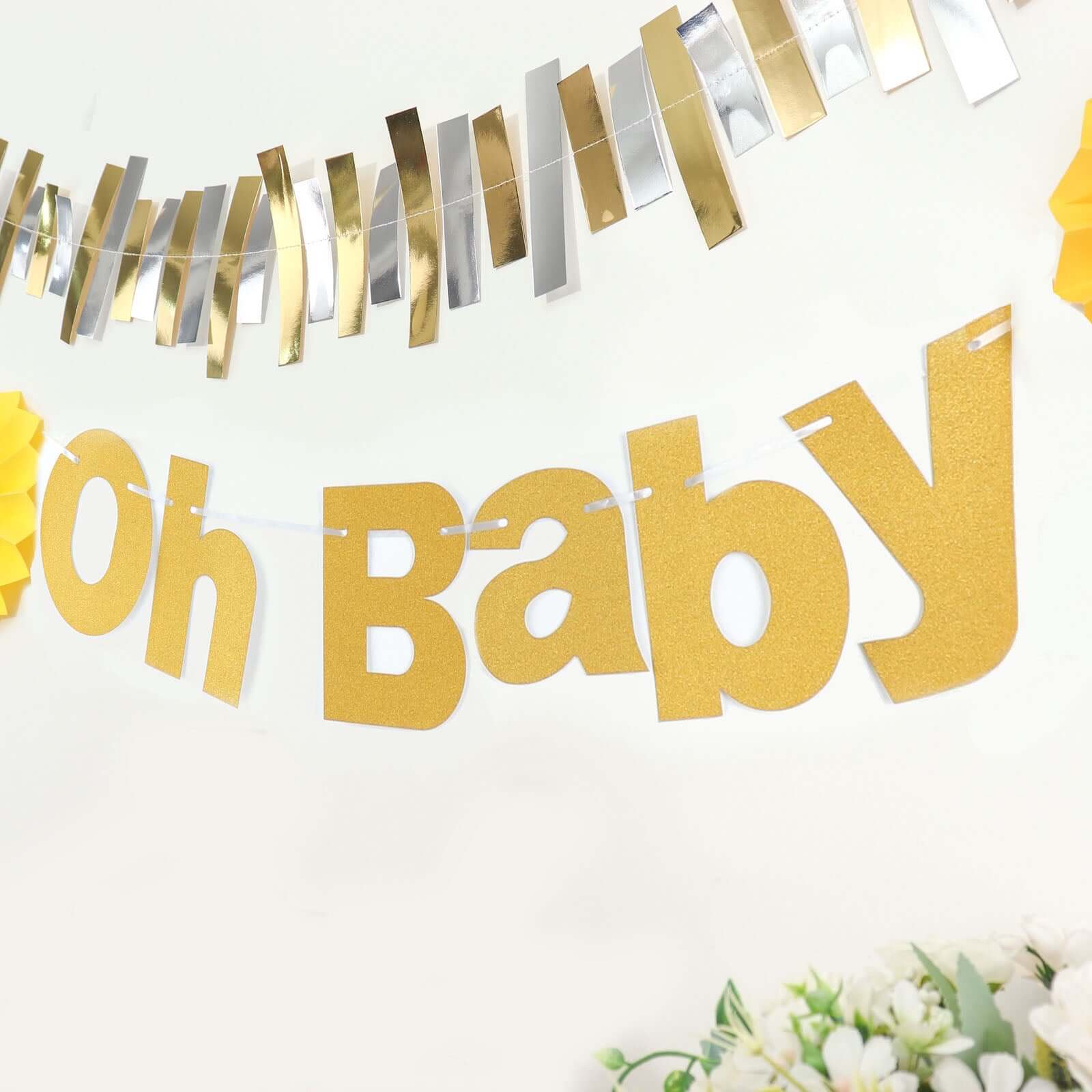 3ft Gold Glittered Oh Baby Paper Hanging Baby Shower Garland Banner