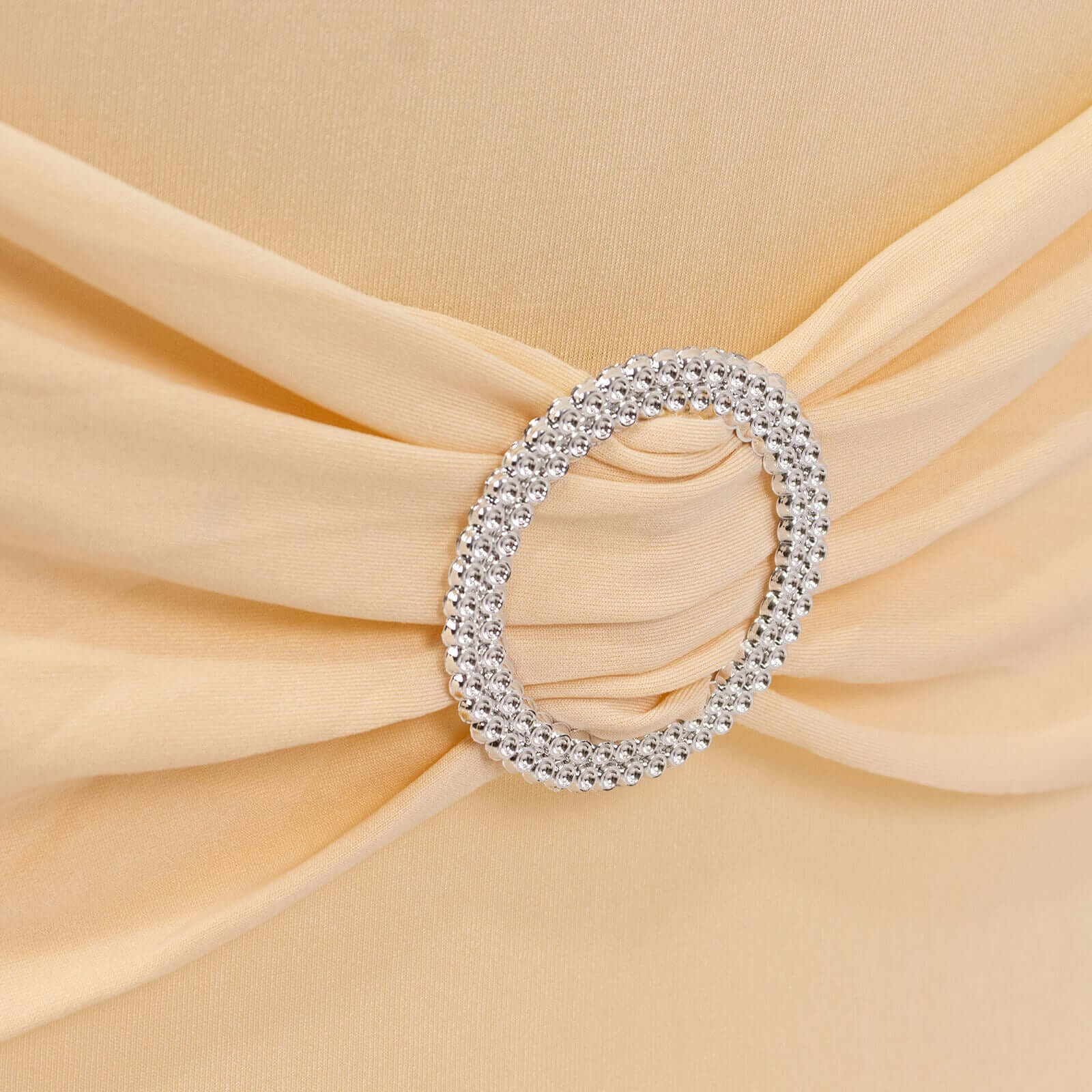 Stretch Spandex Chair Cover Beige for Folding Chairs - Secure Fit Slipcover with Silver Rhinestone Buckled Sash Band