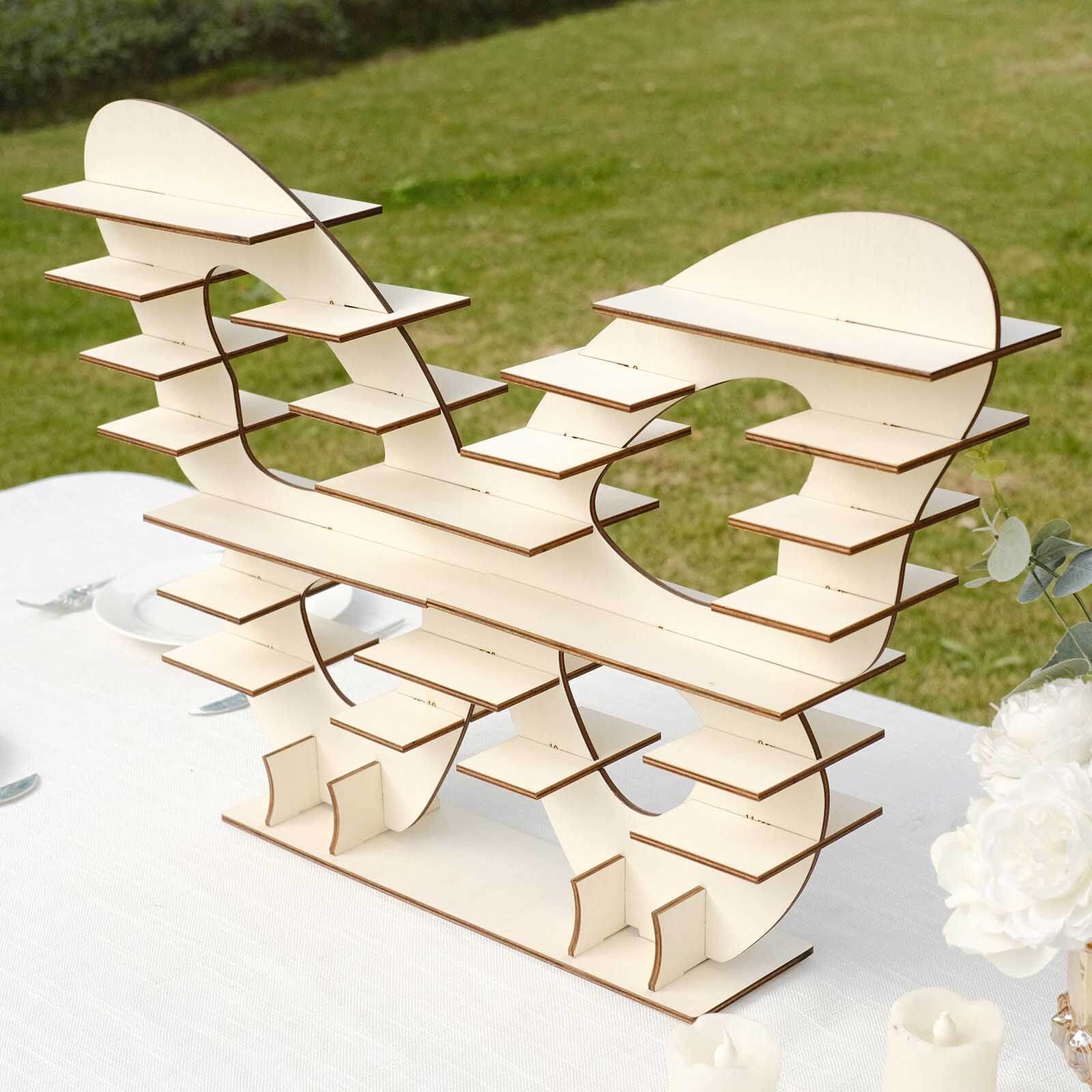 7-Tier Wooden Dessert Display Stand Butterfly Shaped Design Natural - Double Sided Cupcake Holder Shelf Rack 25"