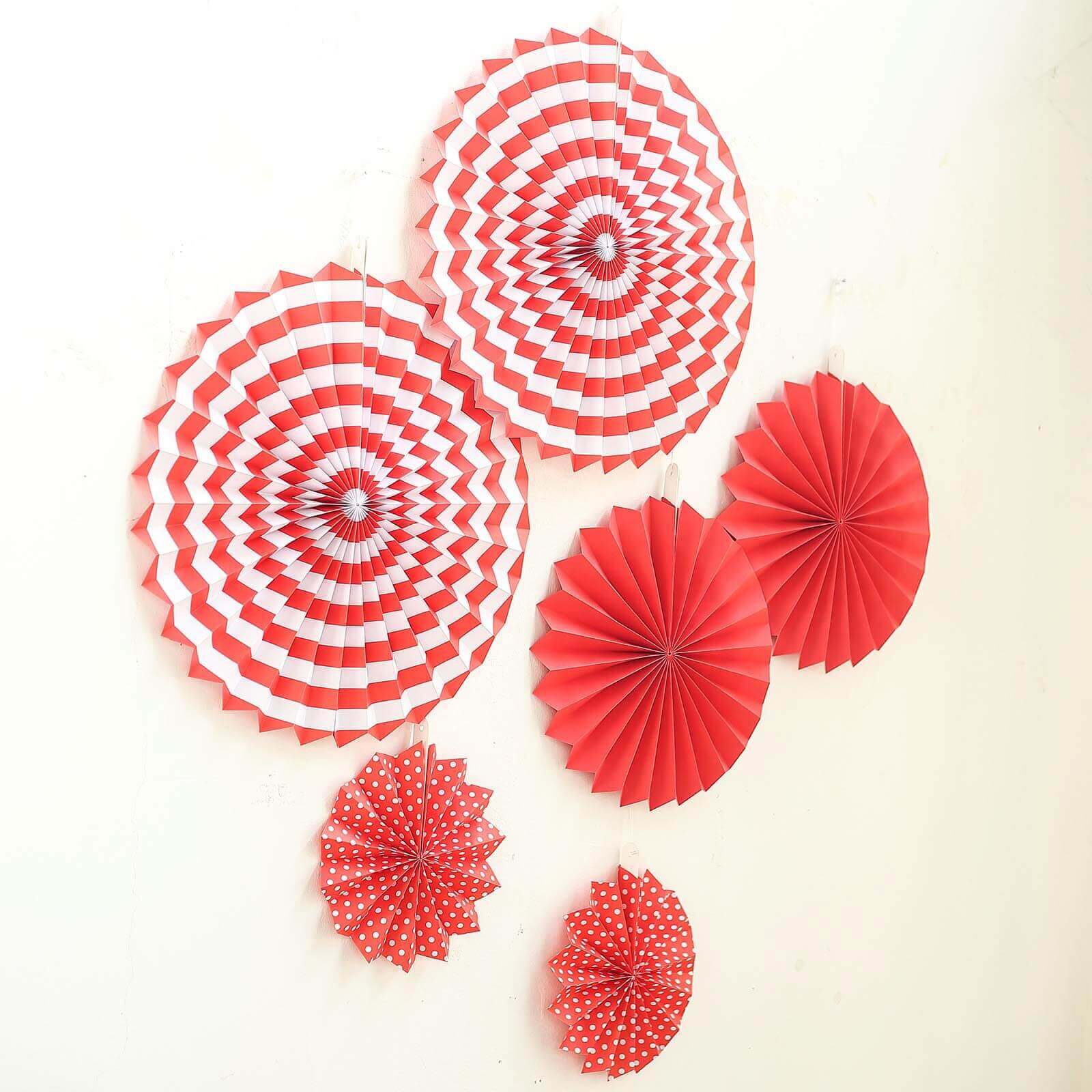 Set of 6 Red Hanging Paper Fan Decorations, Pinwheel Wall Backdrop Party Kit - 8", 12", 16"