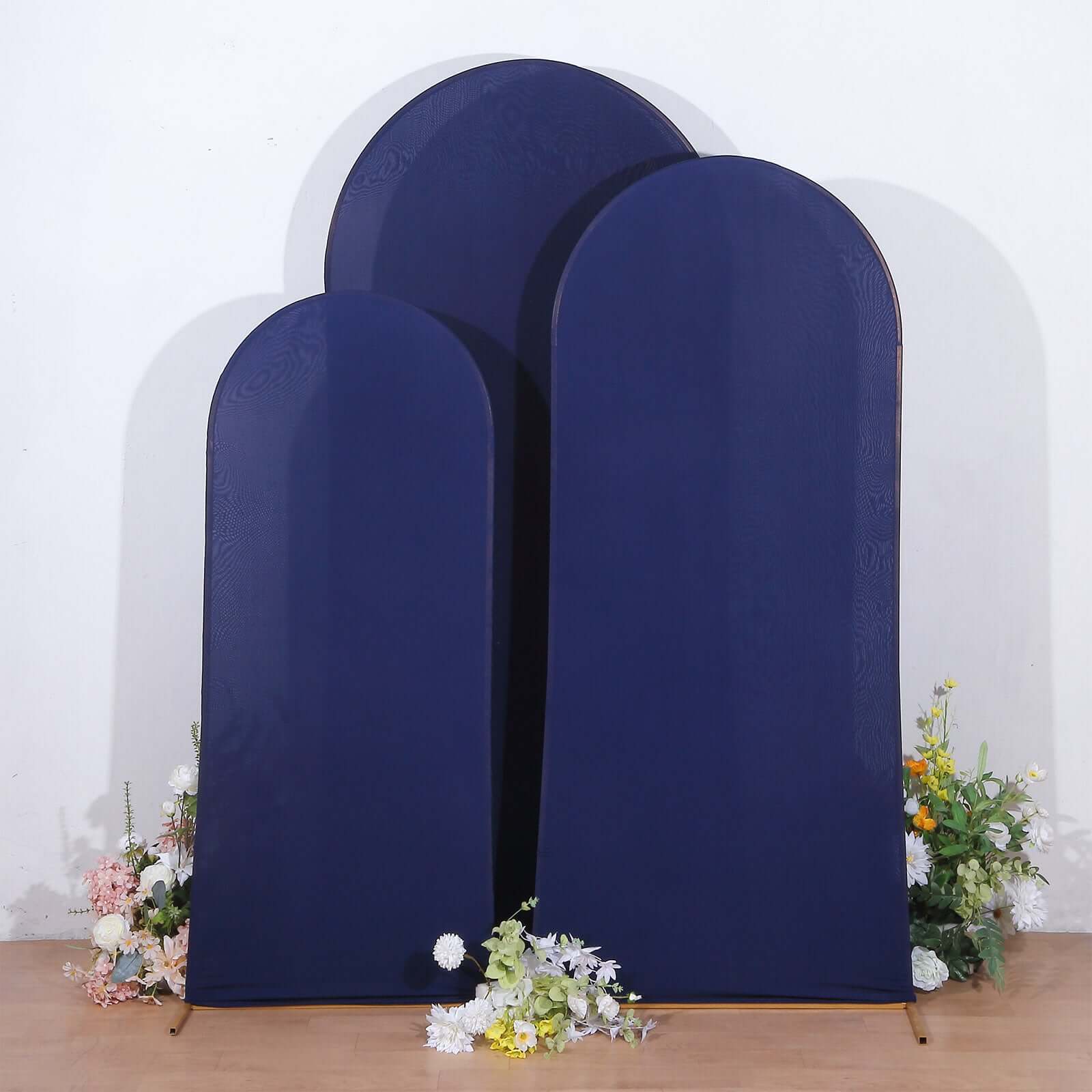 Set of 3 Matte Navy Blue Spandex Fitted Chiara Backdrop Stand Covers For Round Top Wedding Arch - 5ft, 6ft, 7ft