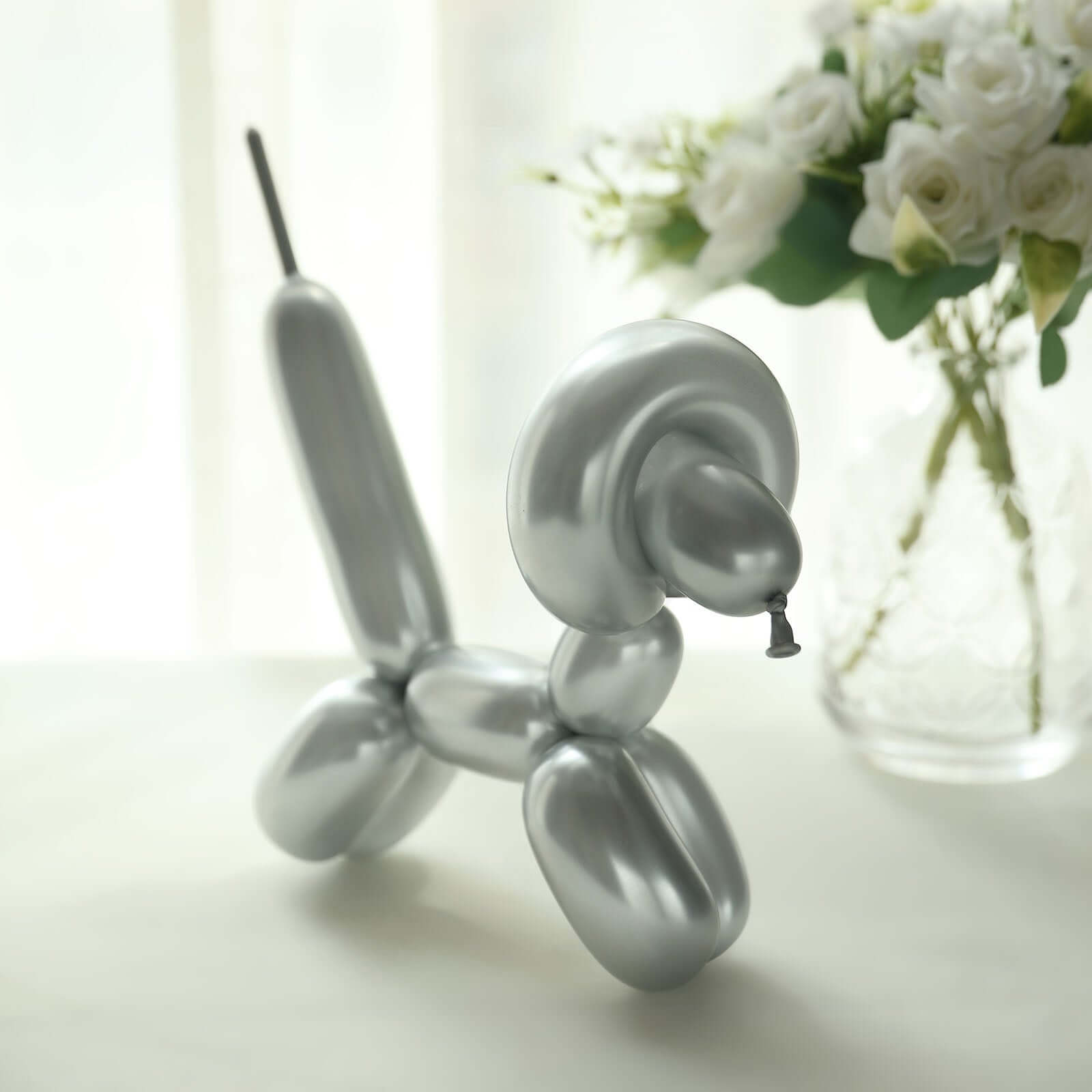 50 Pack Assorted Metallic Silver Long Latex Balloons For Twisting Magic, Animal Modelling Party Balloons