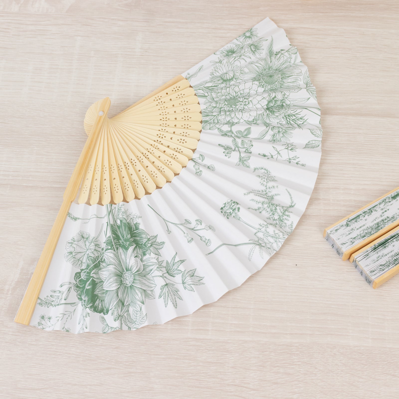 5-Pack Paper Folding Fans Party Favors in White & Sage Green French Toile Pattern, Handheld Fans with Bamboo Frame