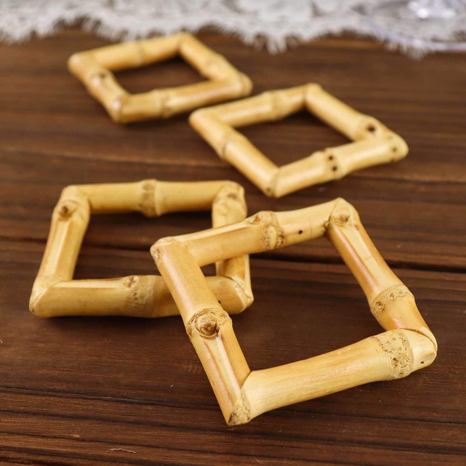 4 Pack Natural Bamboo Wooden Square Napkin Rings, Rustic Boho Chic Napkin Holders