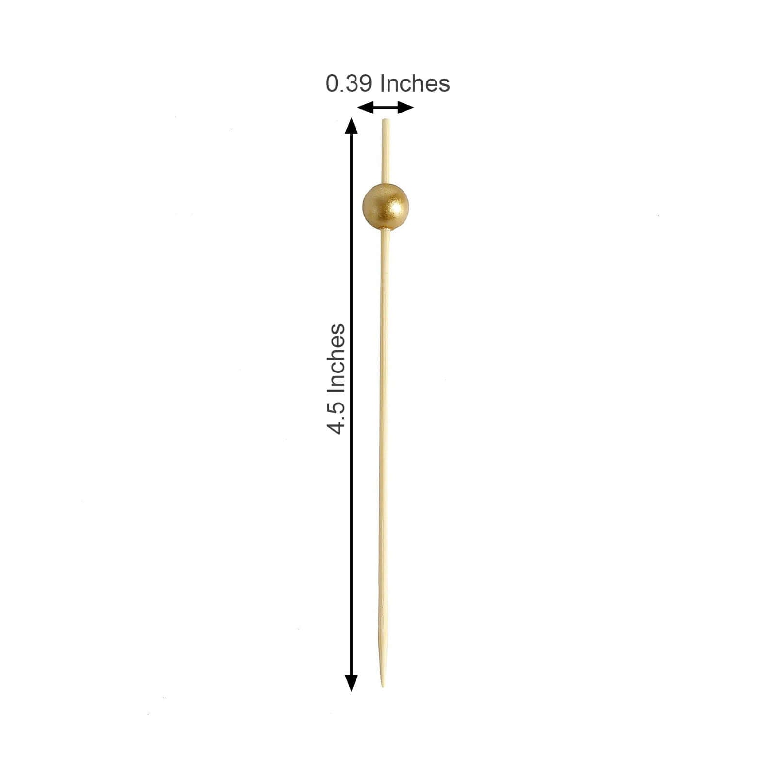 100-Pack Bamboo Cocktail Picks Gold Pearl Decorative Top Design - Eco Friendly Stir Sticks 4.5"