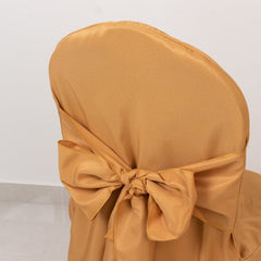 10-Pack Polyester Slip-On Banquet Chair Covers with Attached Sashes – Gold Reusable Stain-Resistant Covers for Wedding & Event Decor